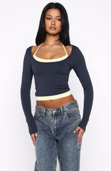 Know Everything Long Sleeve Top Navy/Lemon