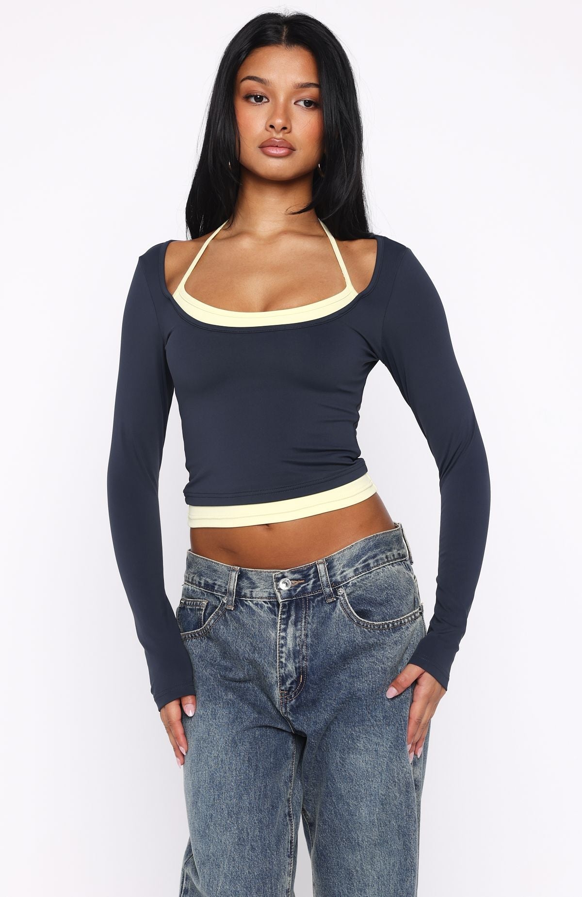 Know Everything Long Sleeve Top Navy/Lemon