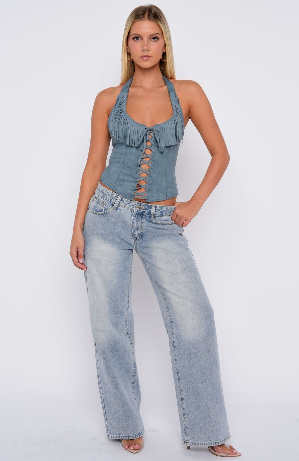 Truth In The Lie Faux Suede Bustier Steel Blue